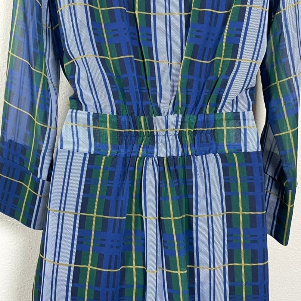 Gretchen Scott Shirt Dress L Blue Green Dark Academia Modest Plaid Belted Pocket - Picture 8 of 12